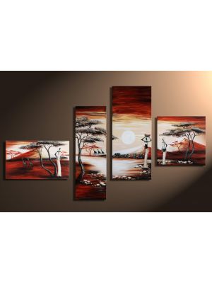 Afrikaanse zonsondergang - 4 delig canvas 140x80cm Handgeschilderd